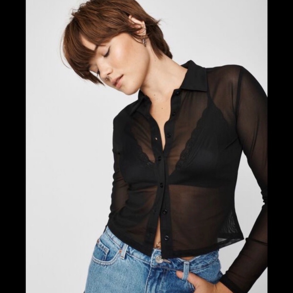 Garage Sheer Black Button-Front Women's Top